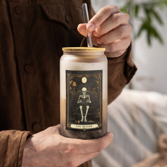 The Reader Tarot Card, Gothic Tumbler, Skeleton Coffee Cup, Witchy Pagan Gift - Picture 2 of 6